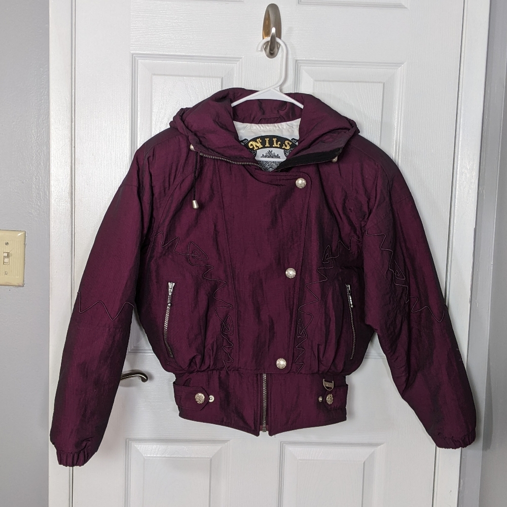 Rare Vintage NILS Embroidered Iridescent Burgundy 80s Puffer Ski Coat Size 6